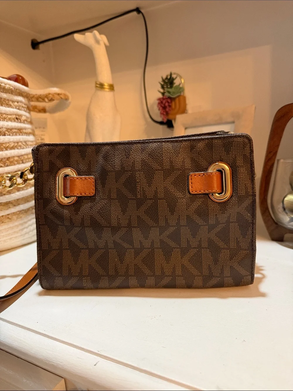 Michael Kors Brown MK Monogram Crossbody with Tan Strap and Gold Hardware
